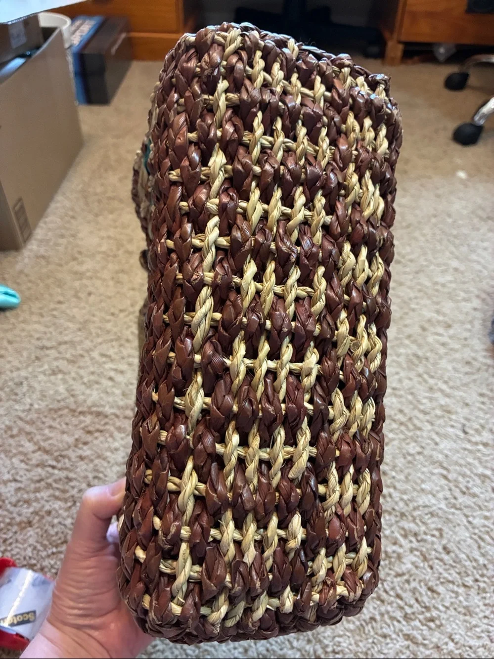 Woven Straw Tote Bag with Teal Accent - Women Bags